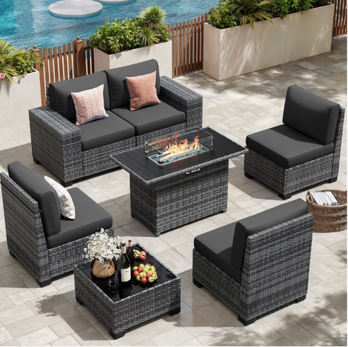 Poteban Outdoor Sectional with Fire Pit Table, 8 Inch Armrest Patio Furniture Set with Waterproof Cover for Garden Backyard, 4'' Thickened Cushion
