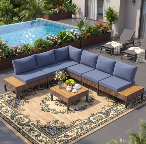 Poteban 7-piece Rattan Outdoor Patio Sofa Set,L-Shaped Sectional Sofa Couch with Coffee Table for Backyard,Lawn,Garden,Navy Blue