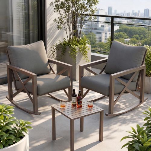 POTEBAN 3-Piece Metal Patio Rocking Chair Set, Heavy Duty 350 lbs Capacity Outdoor Bistro Furniture Set with 2 Rockers