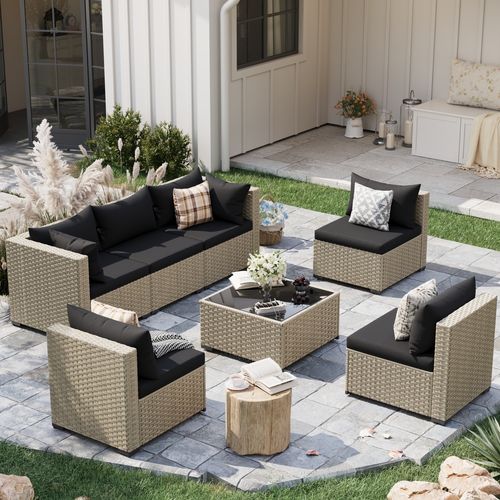 POTEBAN 7 Piece Outdoor Patio Furniture Set, Grey Rattan Wicker Outdoor Conversation Sectional Sofa Set with Cushions for Backyard, Black