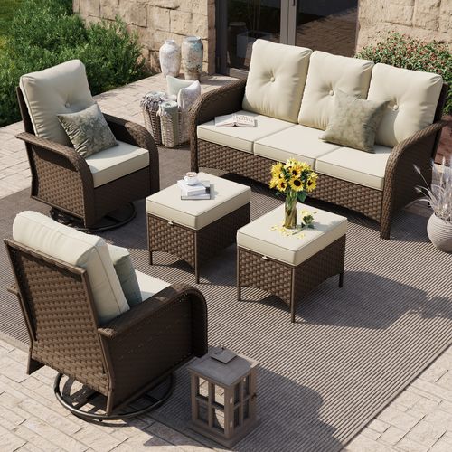 POTEBAN 5-Piece Brown PE Rattan Patio Furniture Set with All-Weather Swivel Rocker Chair Outdoor, and Beige Cushions