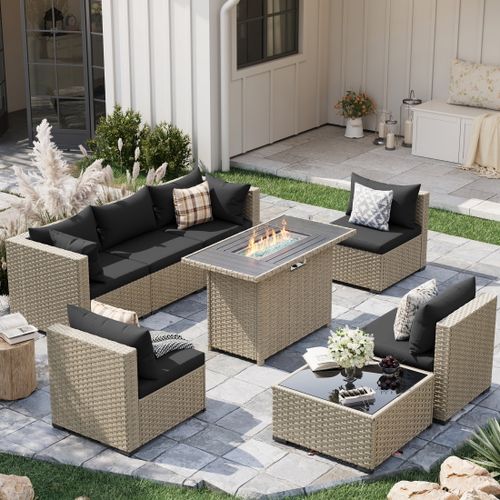 POTEBAN Outdoor Patio Furniture Set with Fire Pit Table, 8 Piece Outdoor Sectional Sofas, All-Weather Wicker Patio Conversation Set for Garden, Black