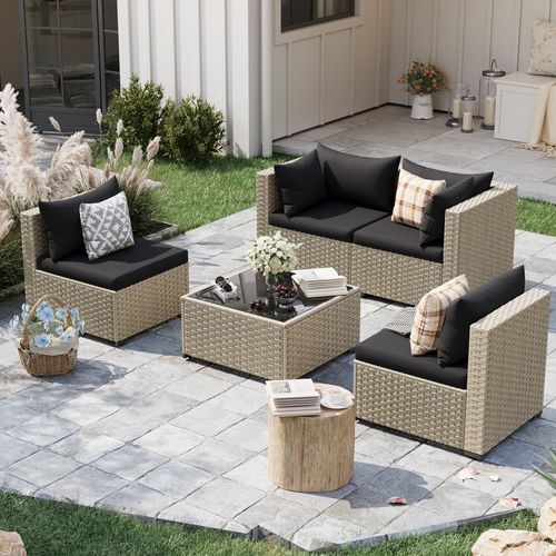 POTEBAN 5 Pieces Outdoor Patio Furniture Set, Outdoor Wicker Patio Conversation Set with Cushions for Backyard, Porch, Garden(Black)