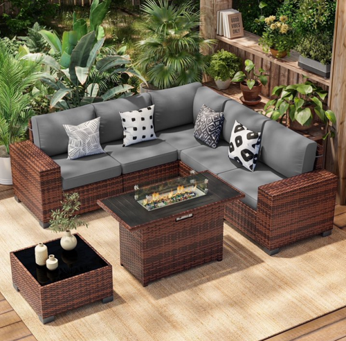 Poteban Outdoor Sectional with Fire Pit Table, 8 Inch Armrest Patio Furniture Set for Garden Backyard, 4'' Thickened Cushion, Brown&Grey