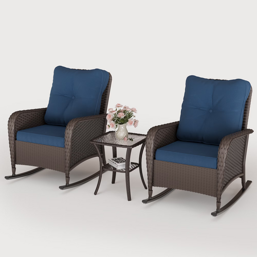 POTEBAN 3-Piece Outdoor Rocking Chairs, Brown Wicker Patio Furniture with Thickened Cushions and Table for Porch (Blue)