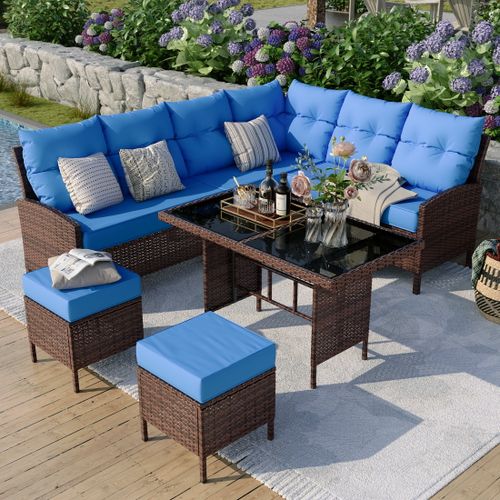 POTEBAN Outdoor Rattan 7-Piece Dining Set, Sectional Sofa Couch with Table & Chairs, All-Weather Conversation Set for Deck, Backyard,Blue