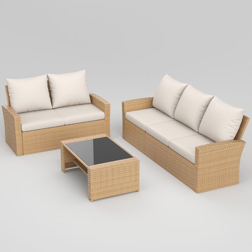 POTEBAN 5 Piece Outdoor Brown Wicker Patio Furniture Set, Modern PE Rattan Sectional Sofa Couch with Navy Blue Cushions