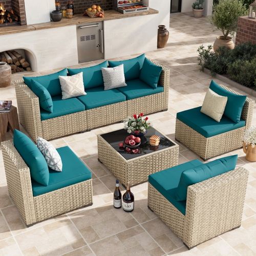 POTEBAN Patio Furniture Set, 7-Piece Outdoor Sectional All-Weather Wicker Patio Conversation Set for Backyard (Peacock Blue Cushions with Gray Rattan)