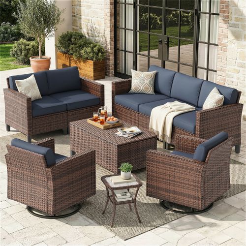Poteban Outdoor Patio Furniture Set, Rocking Swivel Chair, 9 Pieces Wicker Rattan Sectional Furniture for Backyard (Navy Blue)