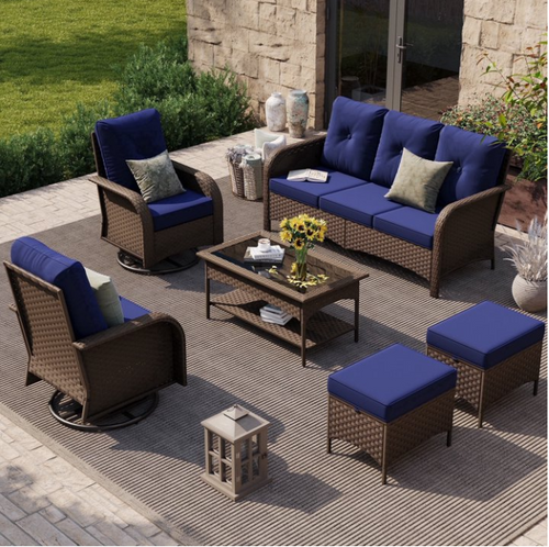 POTEBAN 6-Piece Brown PE Rattan Patio Furniture Set with All-Weather Swivel Rocker Chair, Outdoor Table, and Navy Blue Cushions