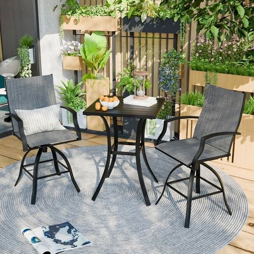 POTEBAN 3-piece Outdoor Swivel Bar Stool Set，2 Patio Metal High Back And Armrest Bar chairs With Bar Table for Backyard,Lawn Garden,Balcony,Pool