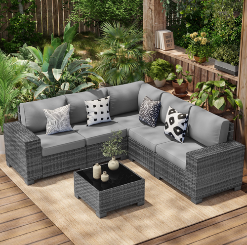 Poteban Patio Furniture Set 6 PCS Outdoor Sectional Conversation Sets Featuring Widen Wicker Armrests and High Back, Gray&Gray
